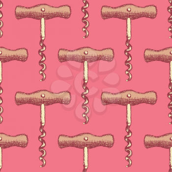 Sketch cute corkscrew in vintage style, vector seamless pattern