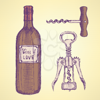 Sketch wine set in vintage style, vector