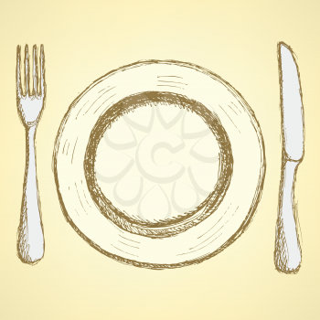Sketch plate, knife and fork in vintage style, vector