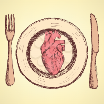 Sketch human heart on the plate in vintage style, unexpected vector