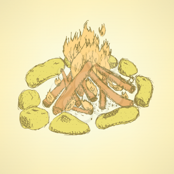 Sketch camp fire in vintage style, vector