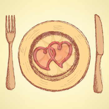 Sketch  hearts on the plate in vintage style,  vector

