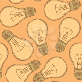 Sketch light bulb in vintage style, vector seamless pattern