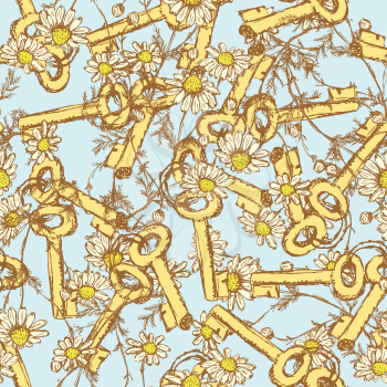 Sketch keys with daisy, vector Valentine seamless pattern

