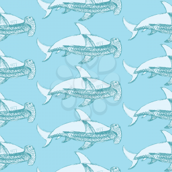 Sketch hammerhead shark in vintage style, vector seamless pattern