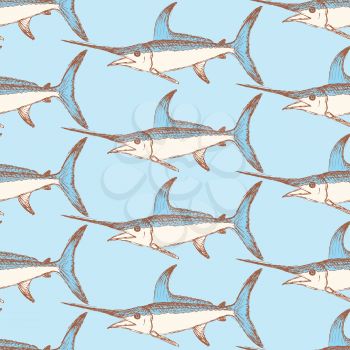 Sketch cute swordfish in vintage style, vector seamless pattern