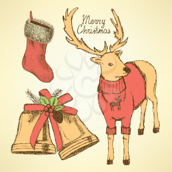 Sketch fancy reindeer in vintage style with bell and stocking, vector