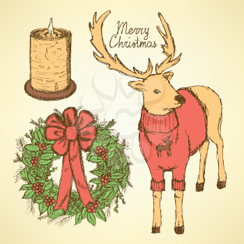 Sketch fancy reindeer with candle and wreath in vintage style, vector

