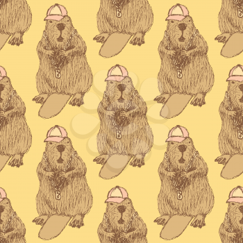Sketch beaver hipster in vintage style, vector seamless pattern