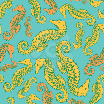 Sketch seahorse in vintage style, vector seamless patter


