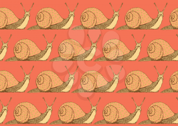 Sketch fancy snaill in vintage style, vector seamless pattern