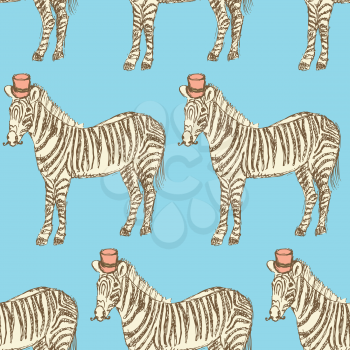Sketch fancy zebra in vintage style, vector seamless