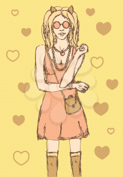 Sketch cute hipster girl in vintage style, vector