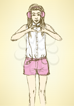 Sketch cute hipster girl in vintage style, vector

