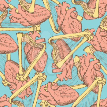 Sketch heart and harp in vintage style, vector seamless pattern