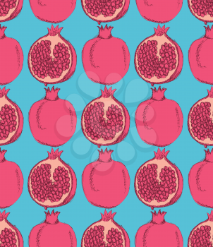 Sketch tasty pomegranates in vintage style, vector seamless pattern