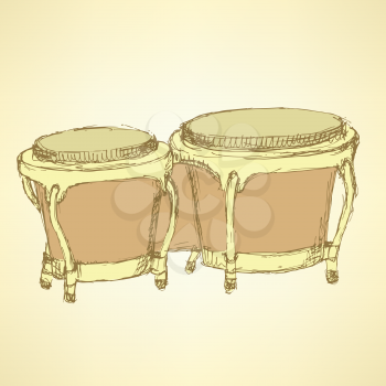 Sketch bongos musical instrument in vintage style, vector