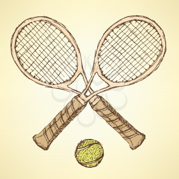 Sketch tennis equipment in vintage style, vector