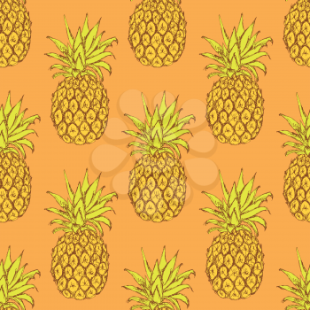 Sketch tasty pineapple in vintage style, vector seamless pattern