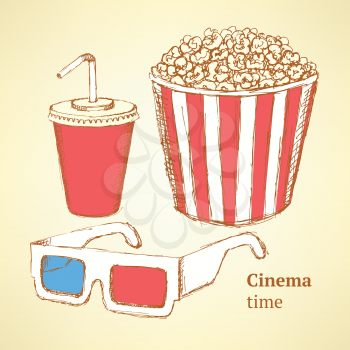 Sketch cinema set in vintage style, vector