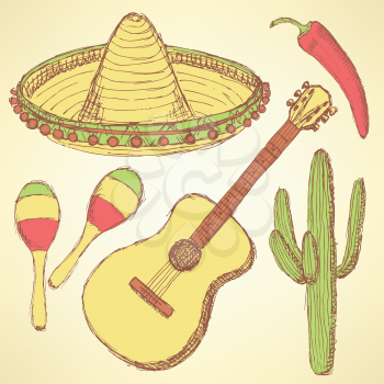 Sketch mexican set in vintage style, vector