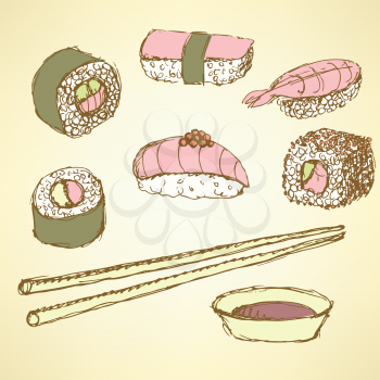 Sketch sushi rolls in vintage style, vector