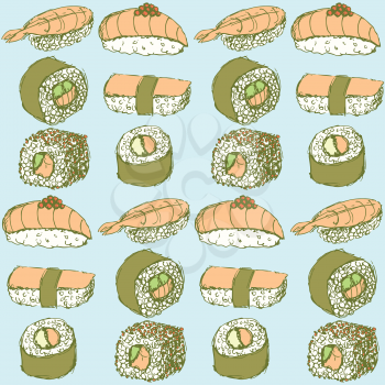 Sketch sushi rolls in vintage style, vector seamless pattern