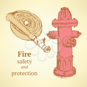 Sketch hose and hydrant in vintage style, vector