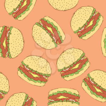 Sketch tasty hamburger in vintage style, vector seamless pattern

