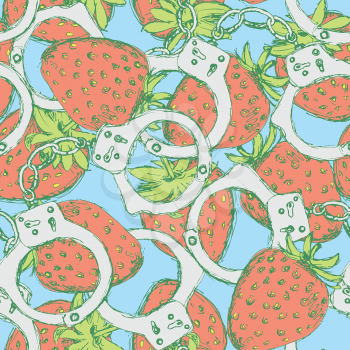 Sketch handcuffs and strawberry in vintage style, vector seamless pattern