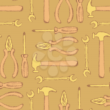 Sketch workers tools in vintage style, vector seamless pattern

