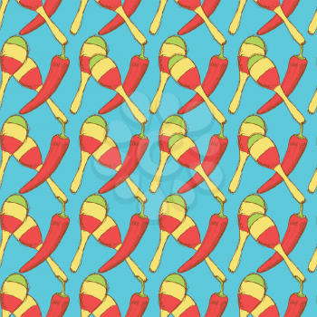 Sketch maracas and chilli pepper, vector seamless pattern
