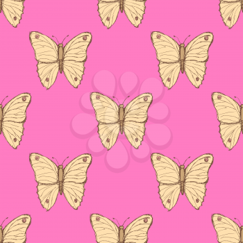 Sketch butterfly  in vintage style, vector seamless pattern