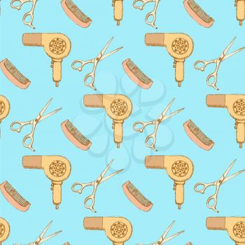 Sketch hairdresser set in vintage style, vector seamless pattern