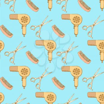 Sketch hairdresser set in vintage style, vector seamless pattern