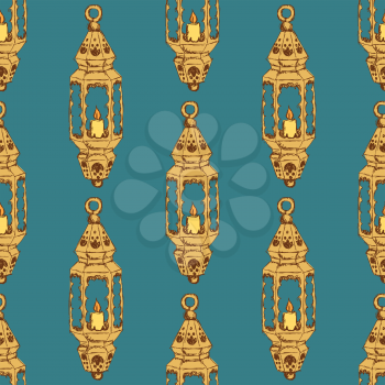 Sketch Ramadan lantern in vintage style, vector seamless pattern