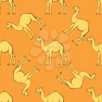 Sketch cute camel in vintage style, vector seamless pattern