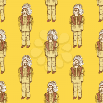 Sketch native american in vintage style, vector seamless pattern