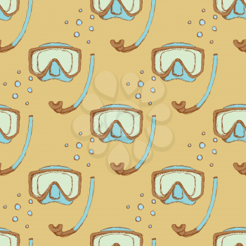 Sketch diving mask in vintage style, vector seamless pattern