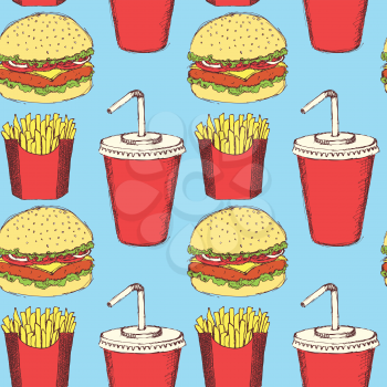 Sketch fast food  in vintage style, vector seamless pattern