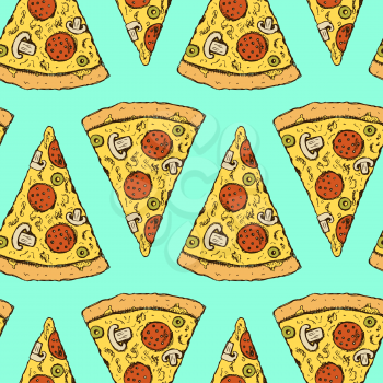 Sketch pizza slice in vintage style, vector seamless pattern