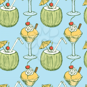 Sketch ice-cream and cocktail in vintage style, vector seamless pattern