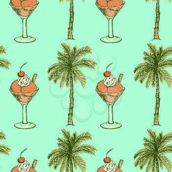 Sketch vacation symbols in vintage style, vector seamless pattern

