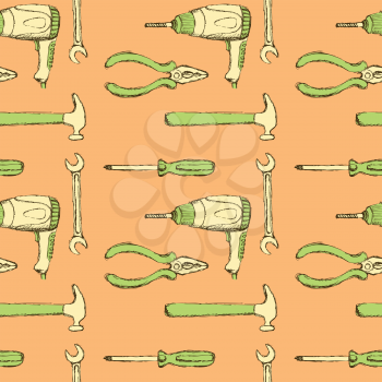 Sketch tools and drill in vintage style, vector seamless pattern