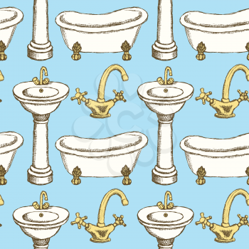 Sketch tap, bathtub and sink in vintage style, vector seamless pattern
