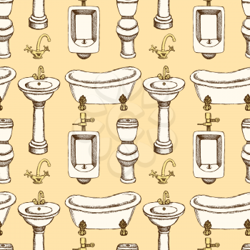 Sketch bathroom and toilet equipment in vintage style, vector seamless pattern
