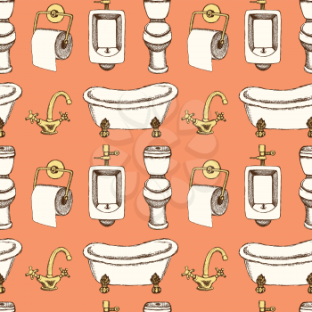 Sketch bathroom and toilet equipment in vintage style, vector seamless pattern