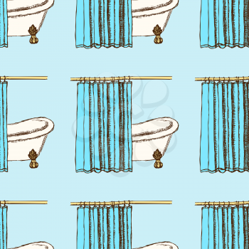 Sketch bath curtains in vintage style, vector seamless pattern
