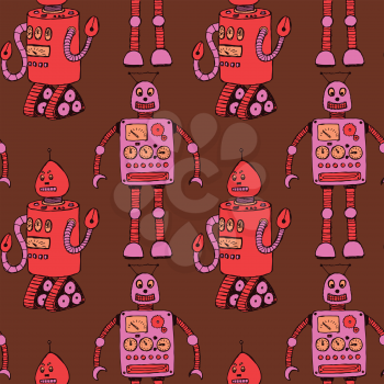 Sketch robot in vintage style, vector seamless pattern


