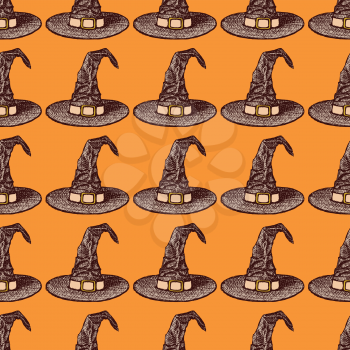 Sketch witch hat in vintage style, vector seamless pattern